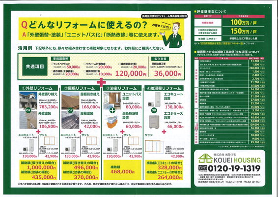 外壁張替・塗装、ユニットバス化など、様々な組合わせでご利用いただけるリフォーム補助金があります。